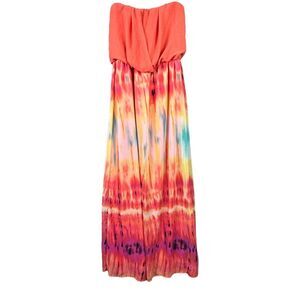 Bisou Bisou Womens Boho Orange Yellow Pink Strapless Maxi Dress Festival Size 8‎